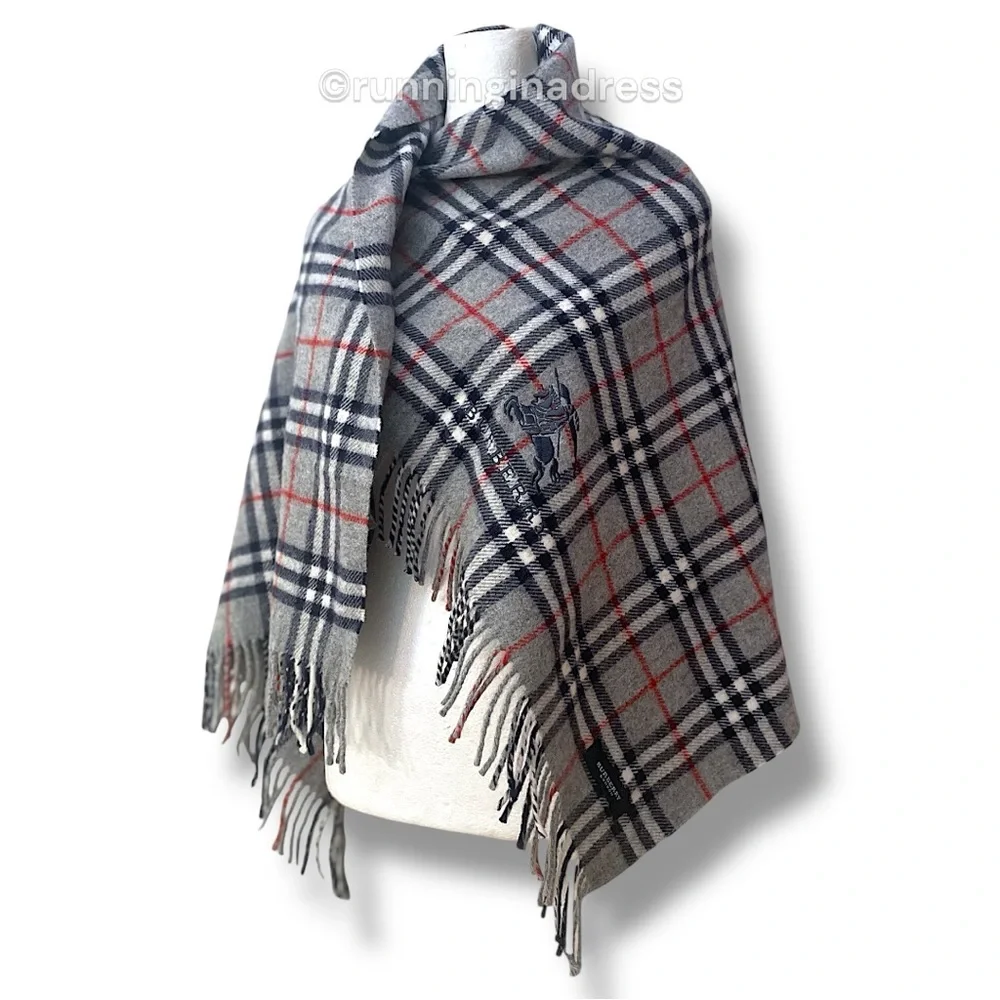Vintage Burberry Nova Check Blanket Scarf Equestrian Knight Logo Grey Navy Blue